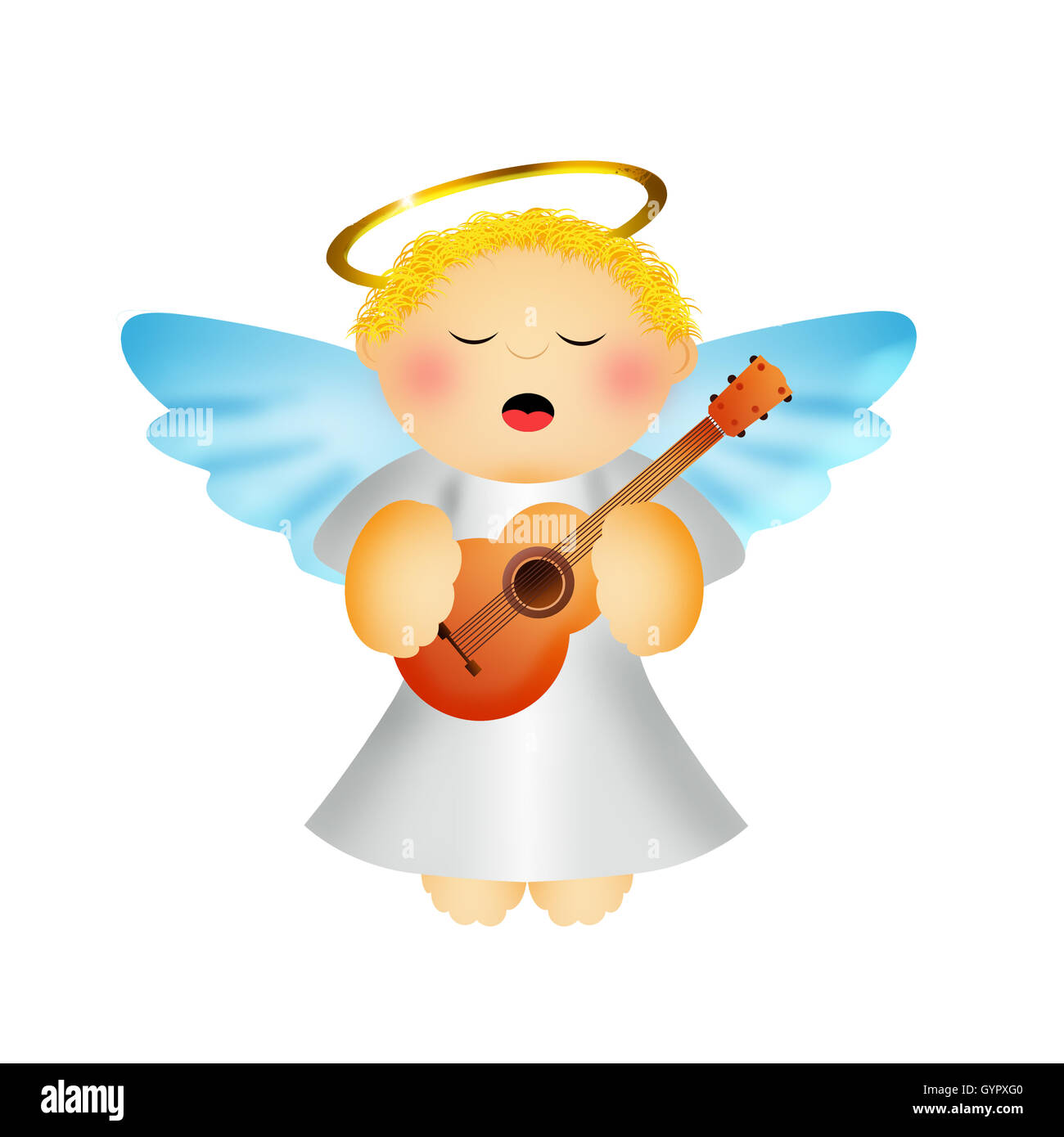 cute angel mascot character illustration with harp. design isolated on blue  background Stock Photo - Alamy