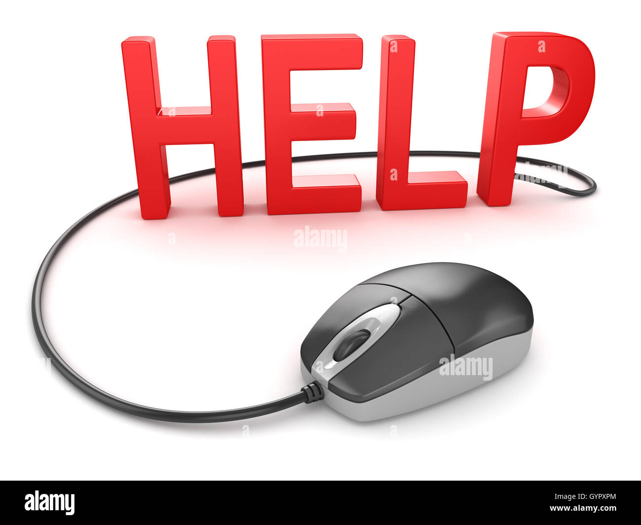 Help concept with computer mouse , This is a 3d computer generated image. Isolated on white. Stock Photo