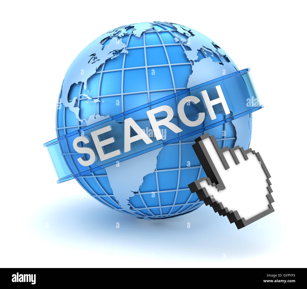 Search concept with world and hand cursor , This is a 3d computer generated image. Isolated on white. Stock Photo