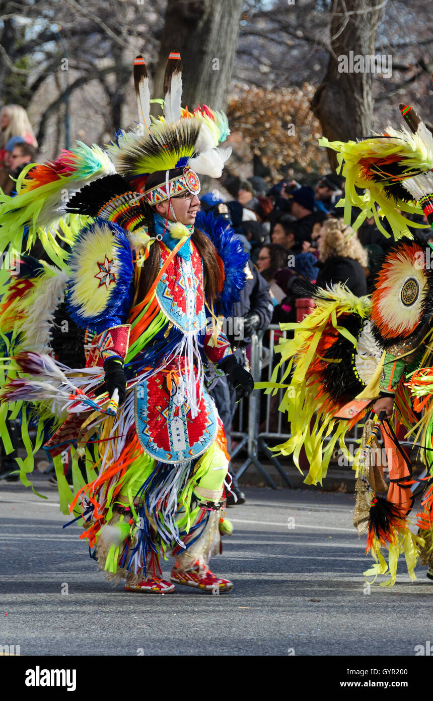 A member of the Minnesota-based Native Pride Dancers at the Macy's Thanksgiving Day Parade, New York City. Stock Photo