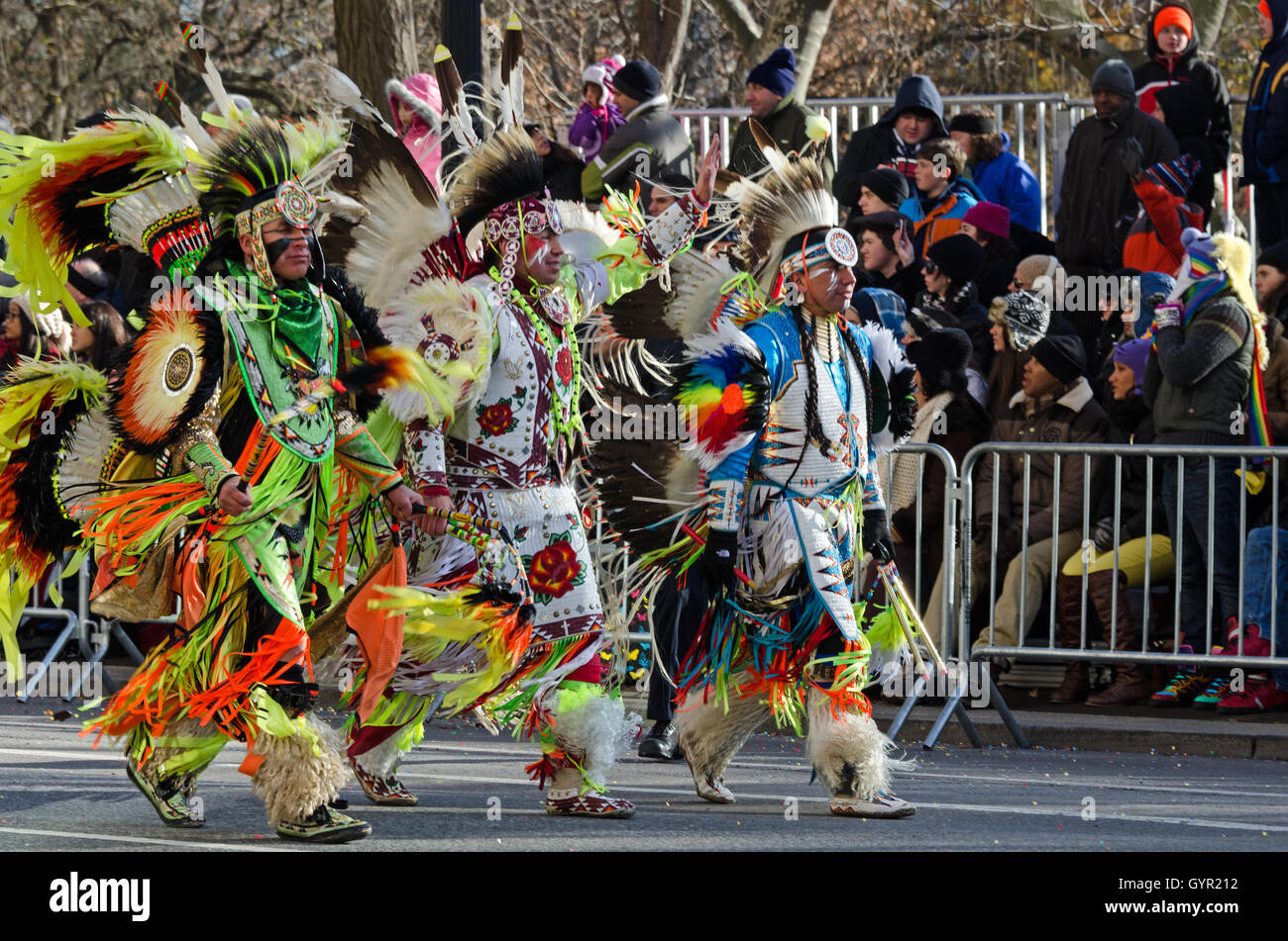 Members of the Minnesota-based Native Pride Dancers in the Macy's Thanksgiving Day Parade, New York City. Stock Photo