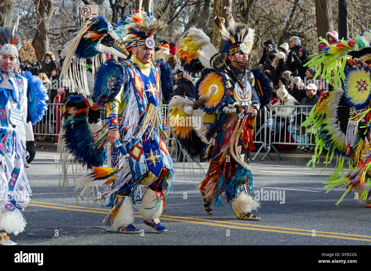 Members of the Minnesota-based Native Pride Dancers march in the Macy's Thanksgiving Day Parade, New York City. Stock Photo