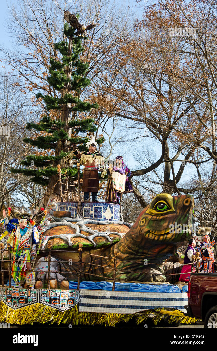 'The True Spirit of Thanksgiving,' the Oneida Indian Nation's parade float, in the Macy's Thanksgiving Day Parade, New York City Stock Photo