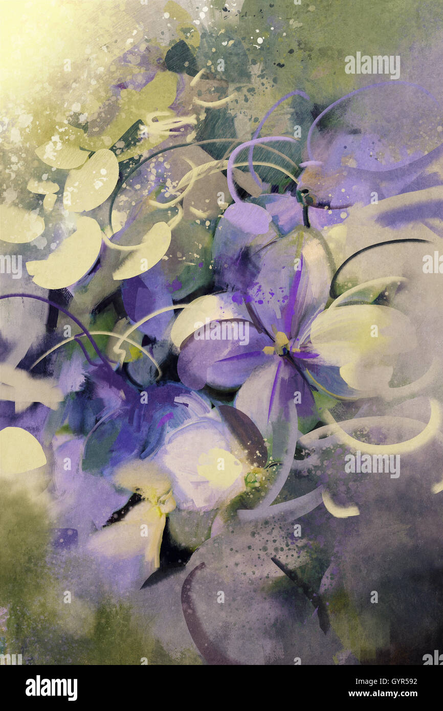 purple flowers with grunge texture in abstract painting style Stock Photo