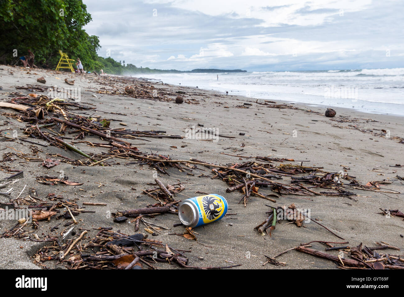 Uvita, Costa Rica May 04 Empty beer can laying in the sand in a