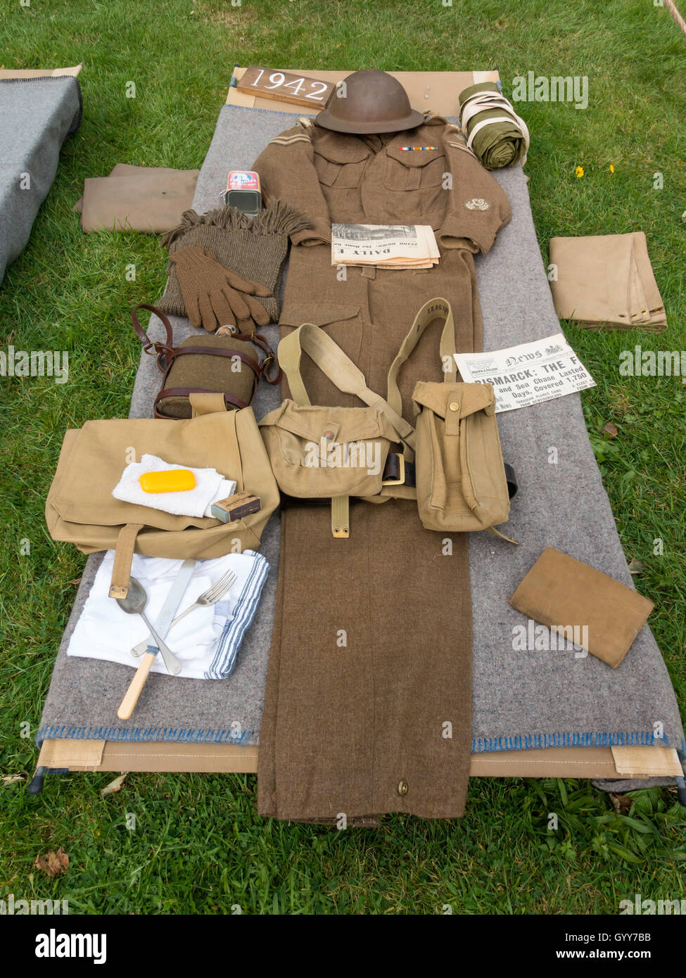 A 1940's Heritage day with an Army Corporal's personal kit laid out for inspection Stock Photo