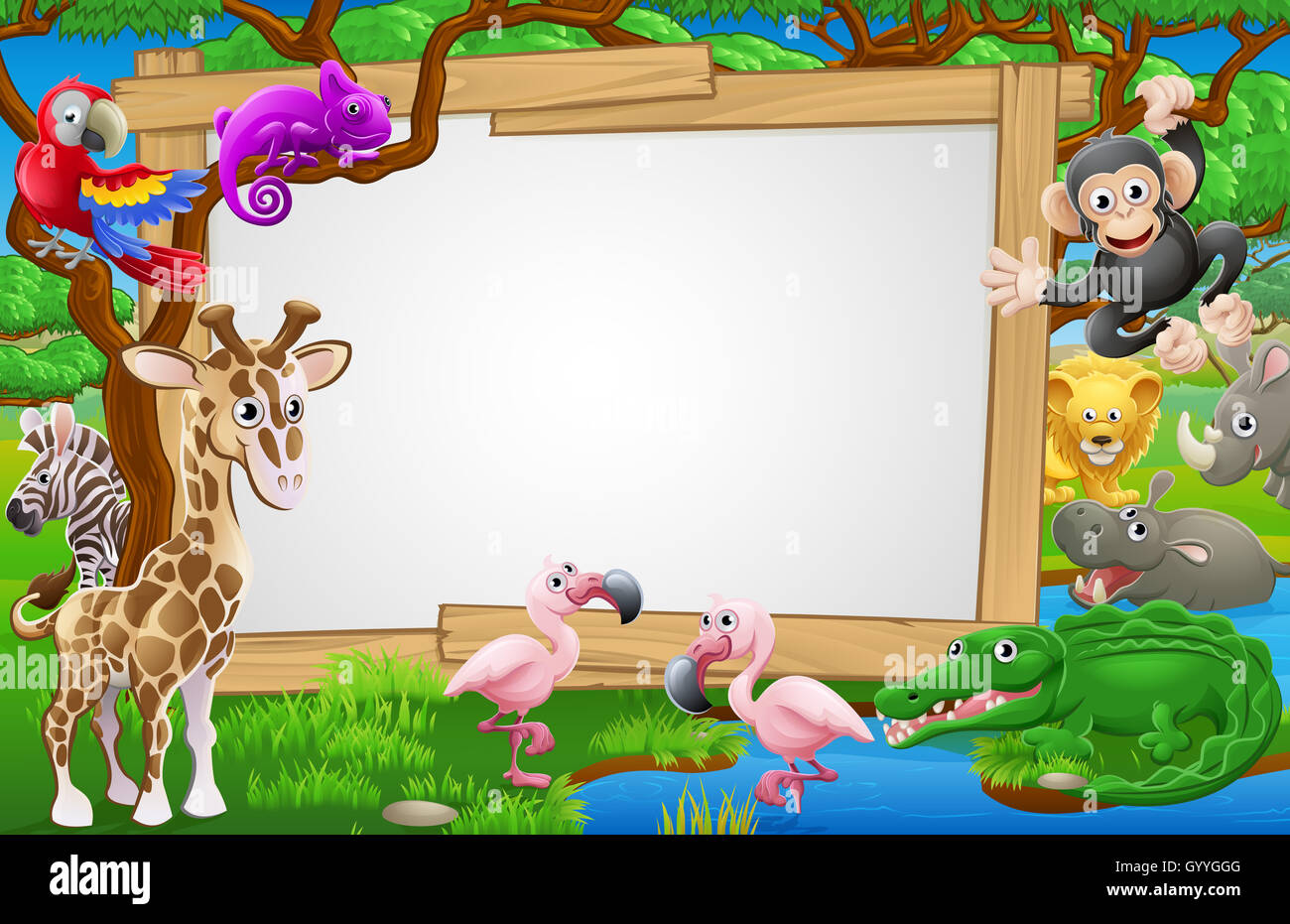 A sign surrounded by cute cartoon safari animals like flamingoes, giraffe, zebra lions and the like. Stock Photo