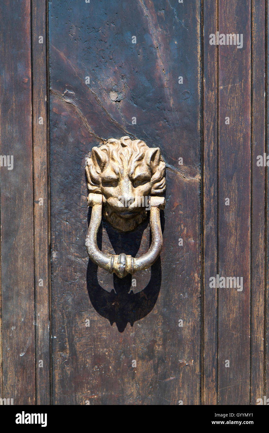Ancient bronze lion door knocker detail of wooden door Stock Photo