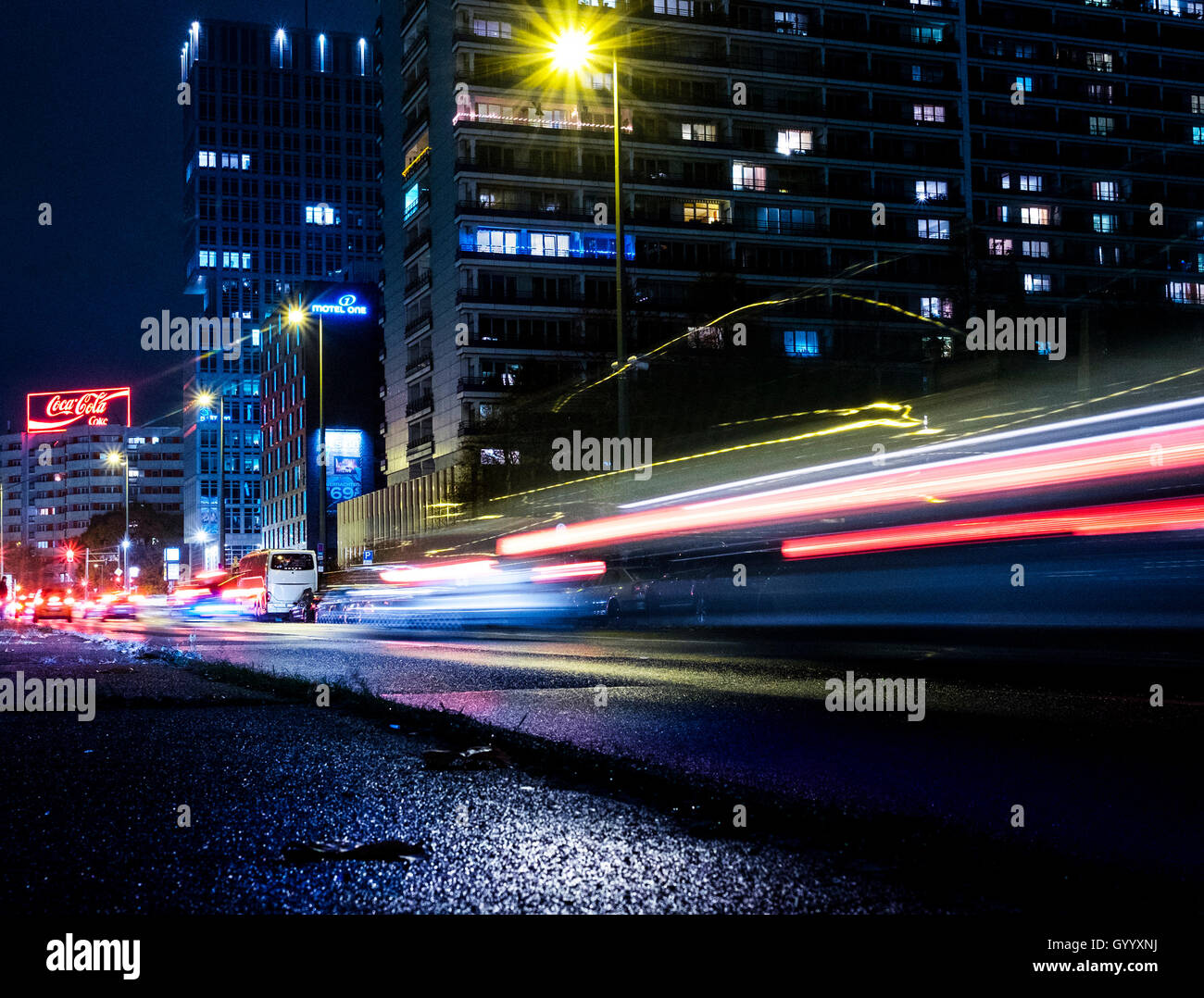 Leipziger Straße at night, light strips of moving cars, Berlin, Germany Stock Photo