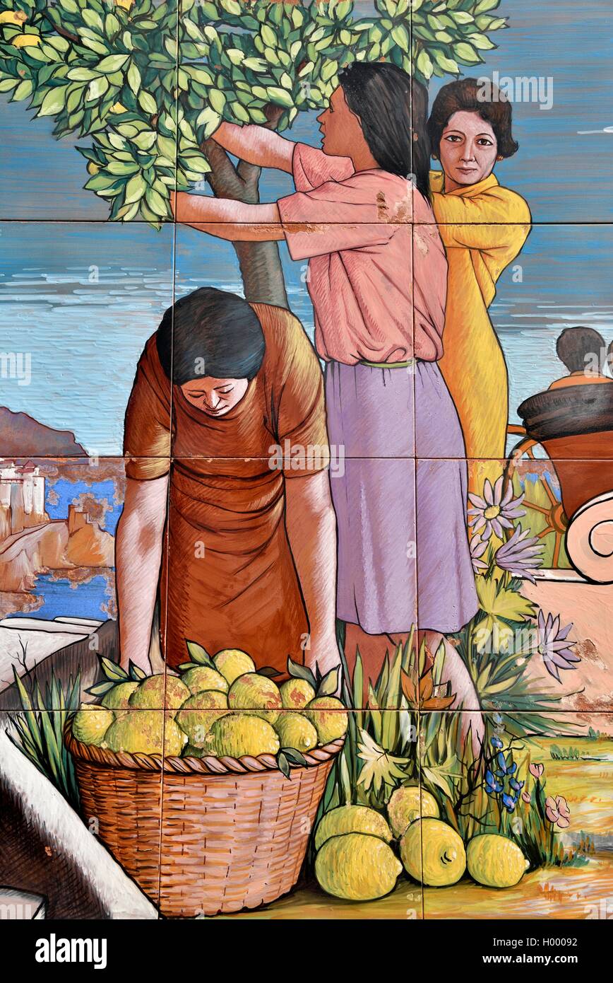 Wall tiles with an image of the lemon harvest, Amalfi, Amalfi Coast, Costiera Amalfitana, Province of Salerno, Campania, Italy Stock Photo