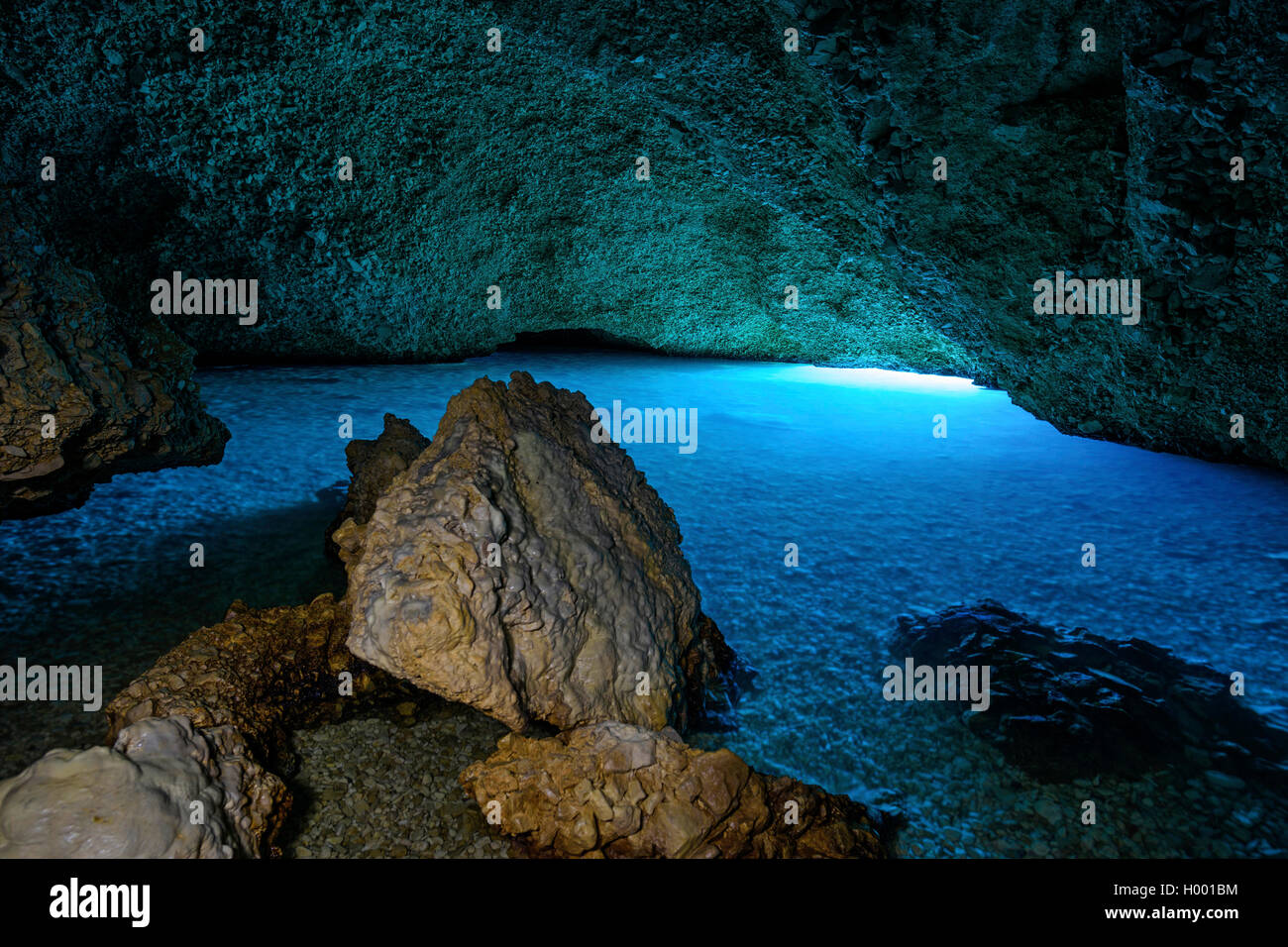 Plava Grotta (Blue Cave), cave with bright blue water, originate from light incidence below water surface, Croatia Stock Photo