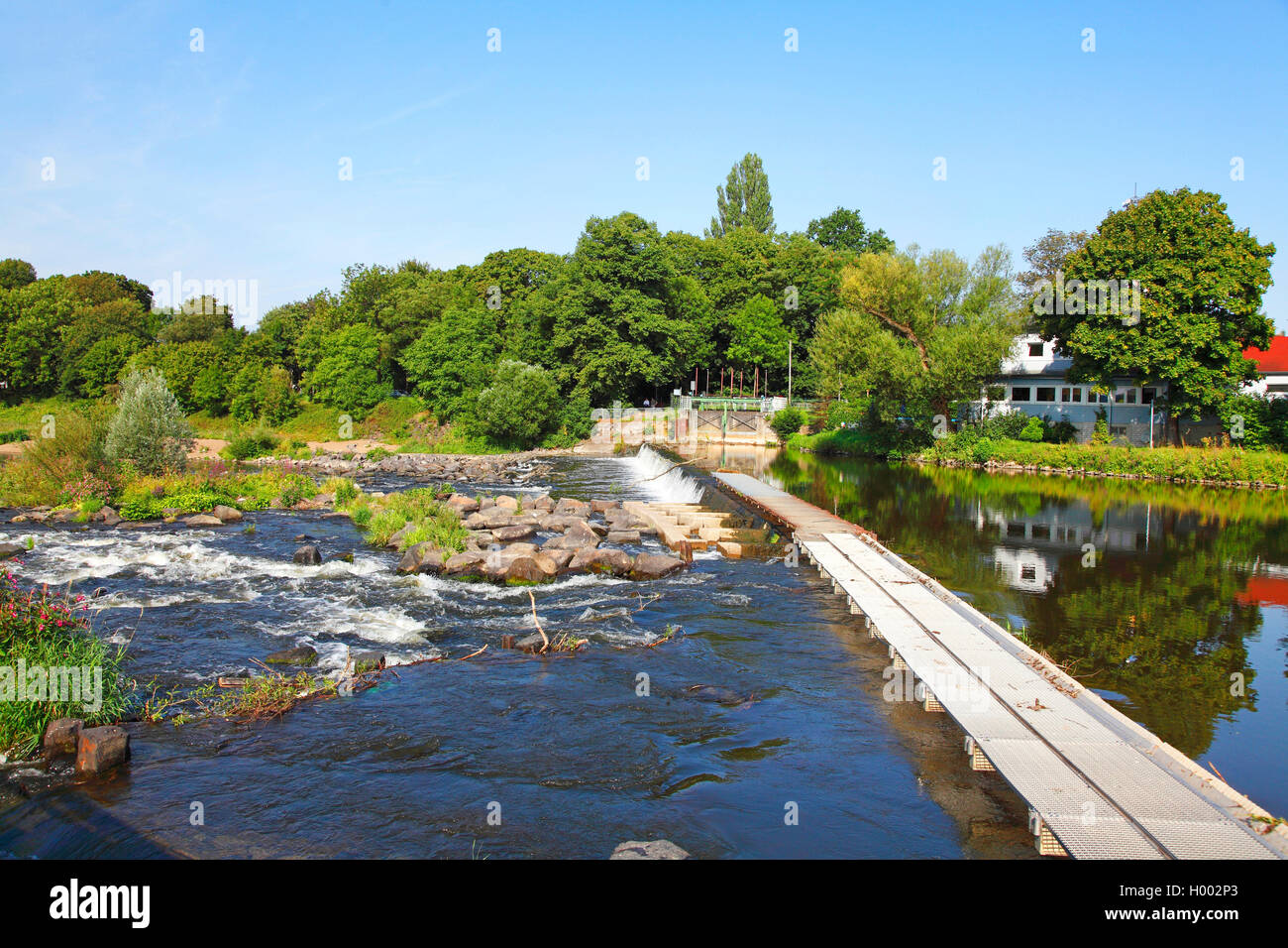 weir in the river Sieg, control station for salmons, Germany, North Rhine-Westphalia, Buisdorf Stock Photo