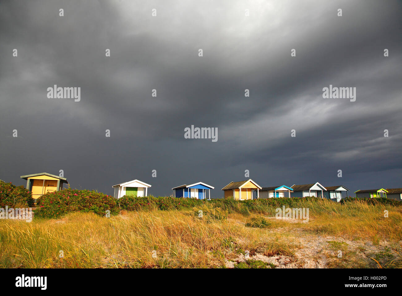 beach huts in Skanoer at approaching severe weather, Sweden, Skanoer Falsterbo Stock Photo