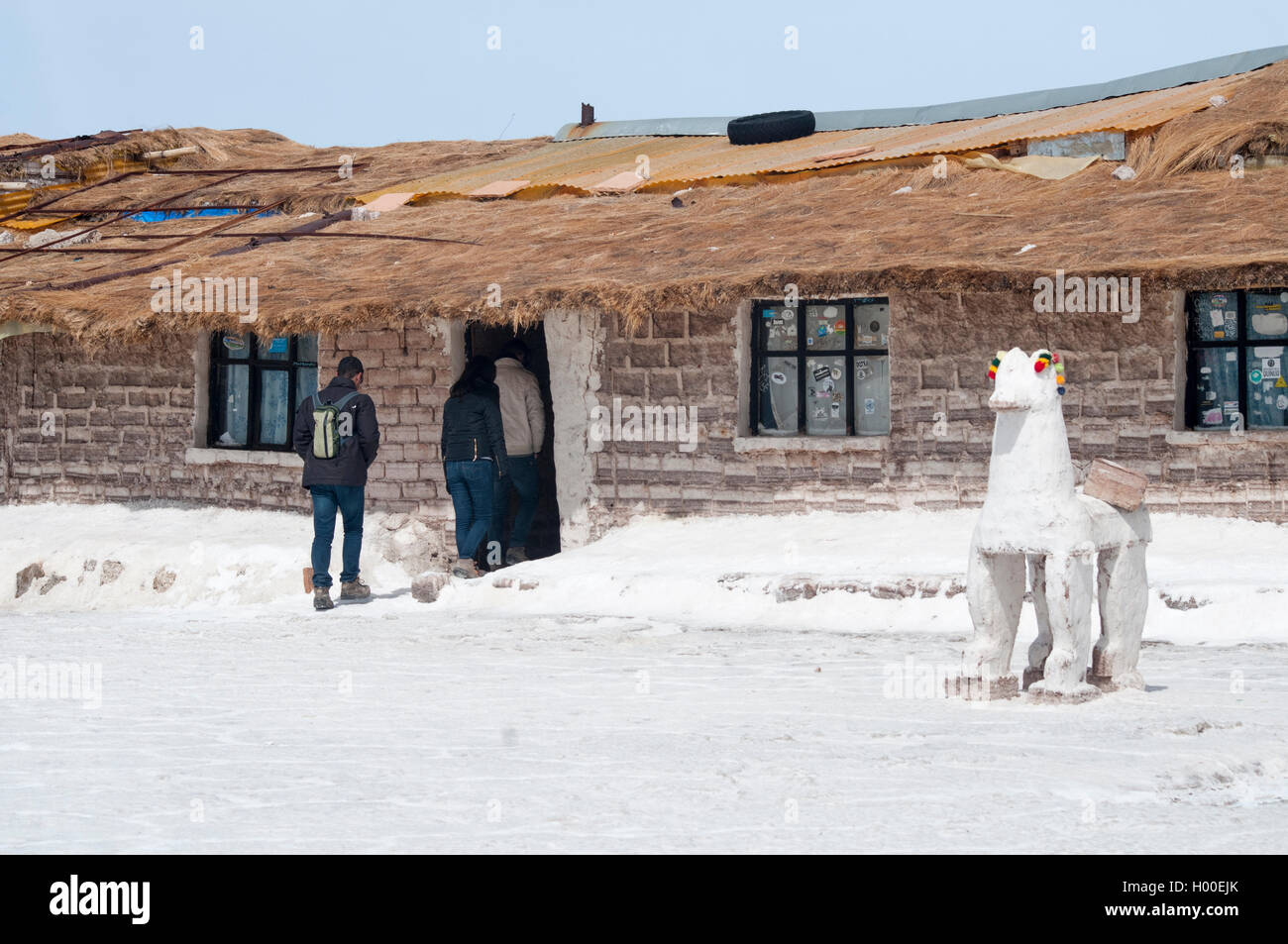 Entering the former salt hotel at Playa Blanca on the Salar de Uyuni, southwestern Bolivia Stock Photo