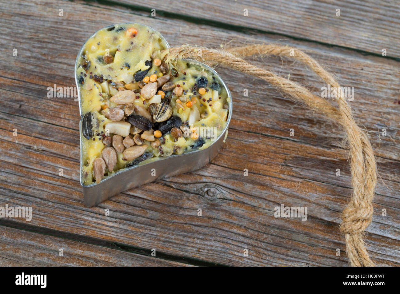 selbstgemachtes Vogelfutter wurde in ein herzfoermiges Foermchen zum Aufhaengen gefuellt | self made birdseeds are filled in hea Stock Photo
