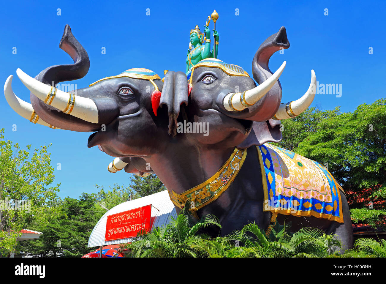 elephant statue with three heads and rider, Thailand, Chachoengsao Stock Photo