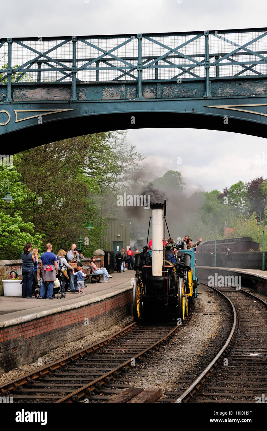 A working replica of Stephenson's Rocket in action at Pickering station