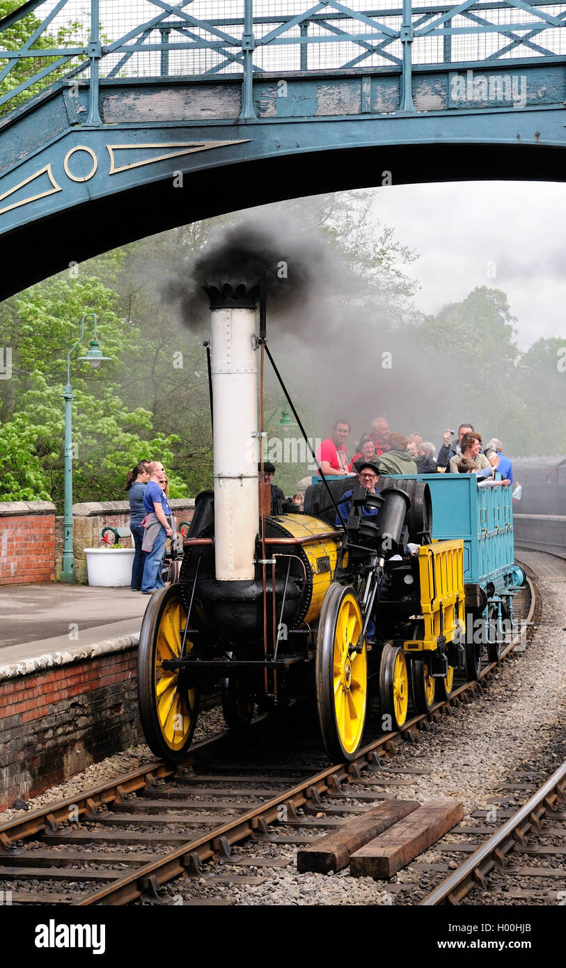 A working replica of Stephenson's Rocket in action at Pickering station