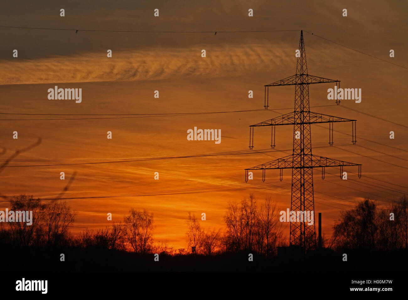 power line and power pole in red evening sky, Germany Stock Photo
