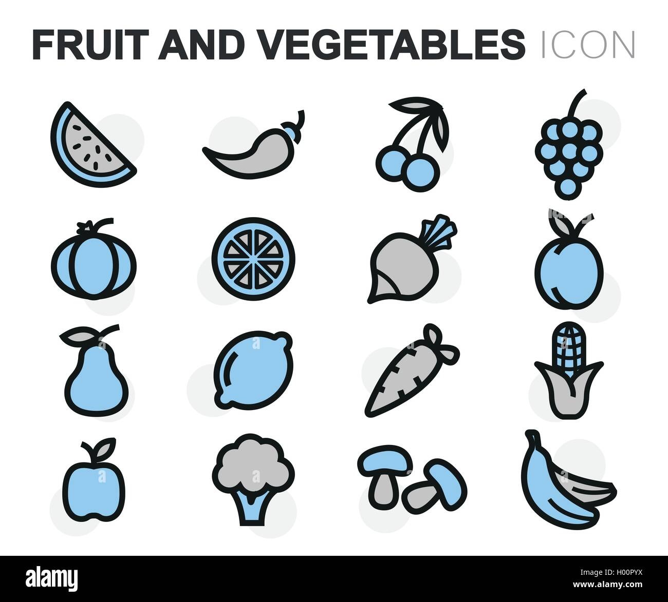 Vector flat line fruit and vegetables icons set on white background ...