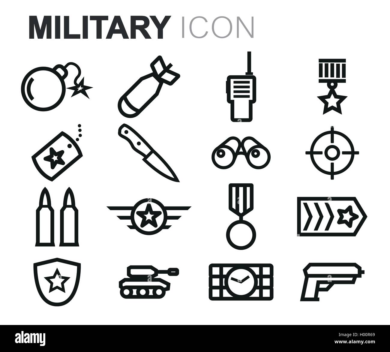 Vector black line military icons set on white background Stock Vector ...