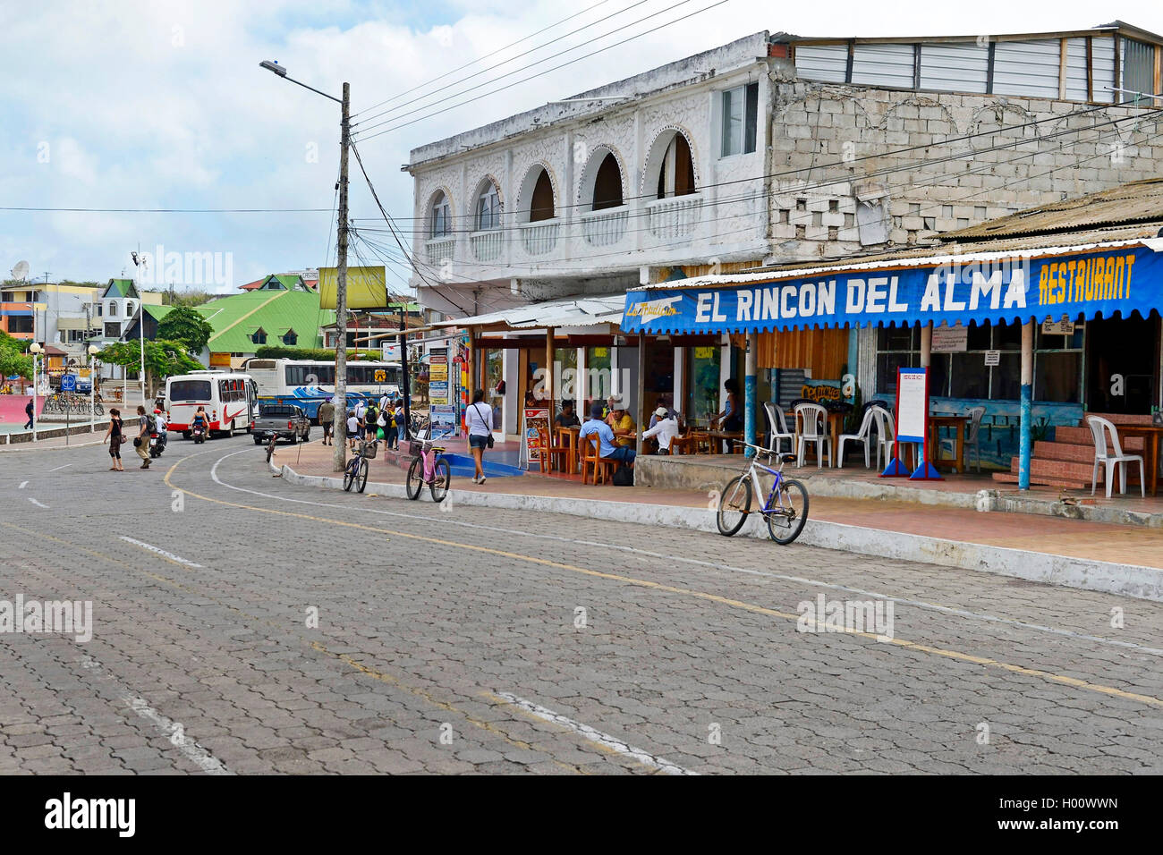 stores and restaurants on the main street of Puerto Ayora, Ecuador, Galapagos Islands, Santa Cruz, Puerto Ayora Stock Photo