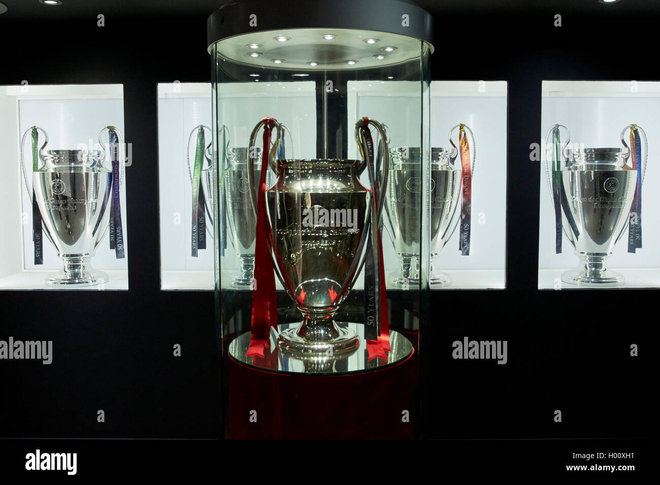 european cup champions league trophy room in museum Liverpool FC anfield stadium Liverpool Merseyside UK Stock Photo