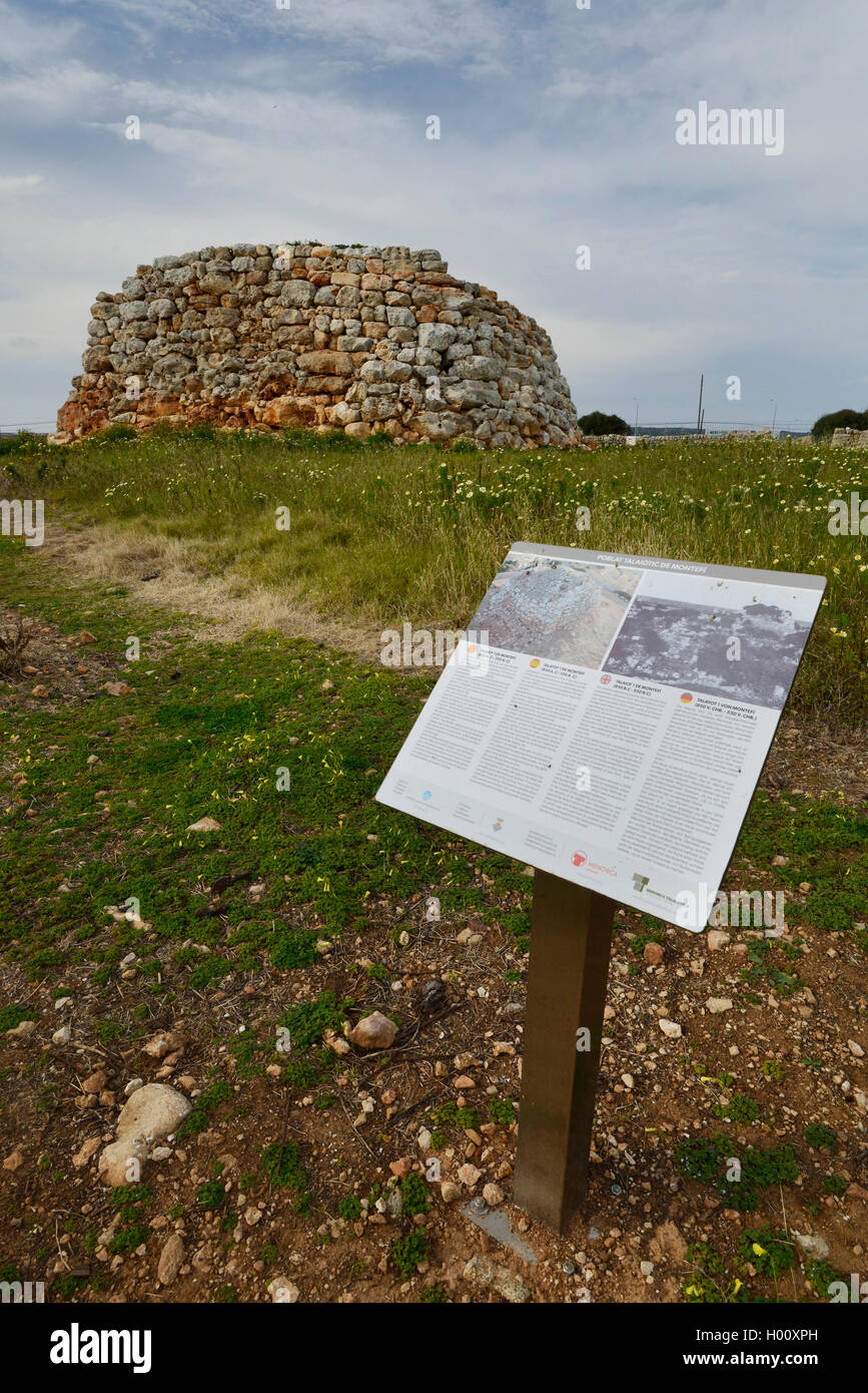 Talayot on Menorca with information sign, Spain, Balearen, Menorca, Ciutadella Stock Photo