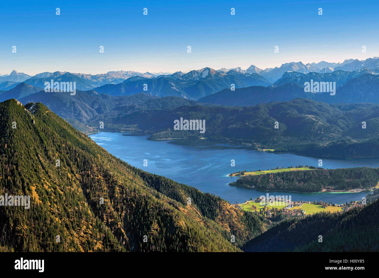 view from Heimgarten over the Walchensee with the Karwendel mountains in the background, Germany, Bavaria, Oberbayern, Upper Bavaria, Kocheler Berge Stock Photo