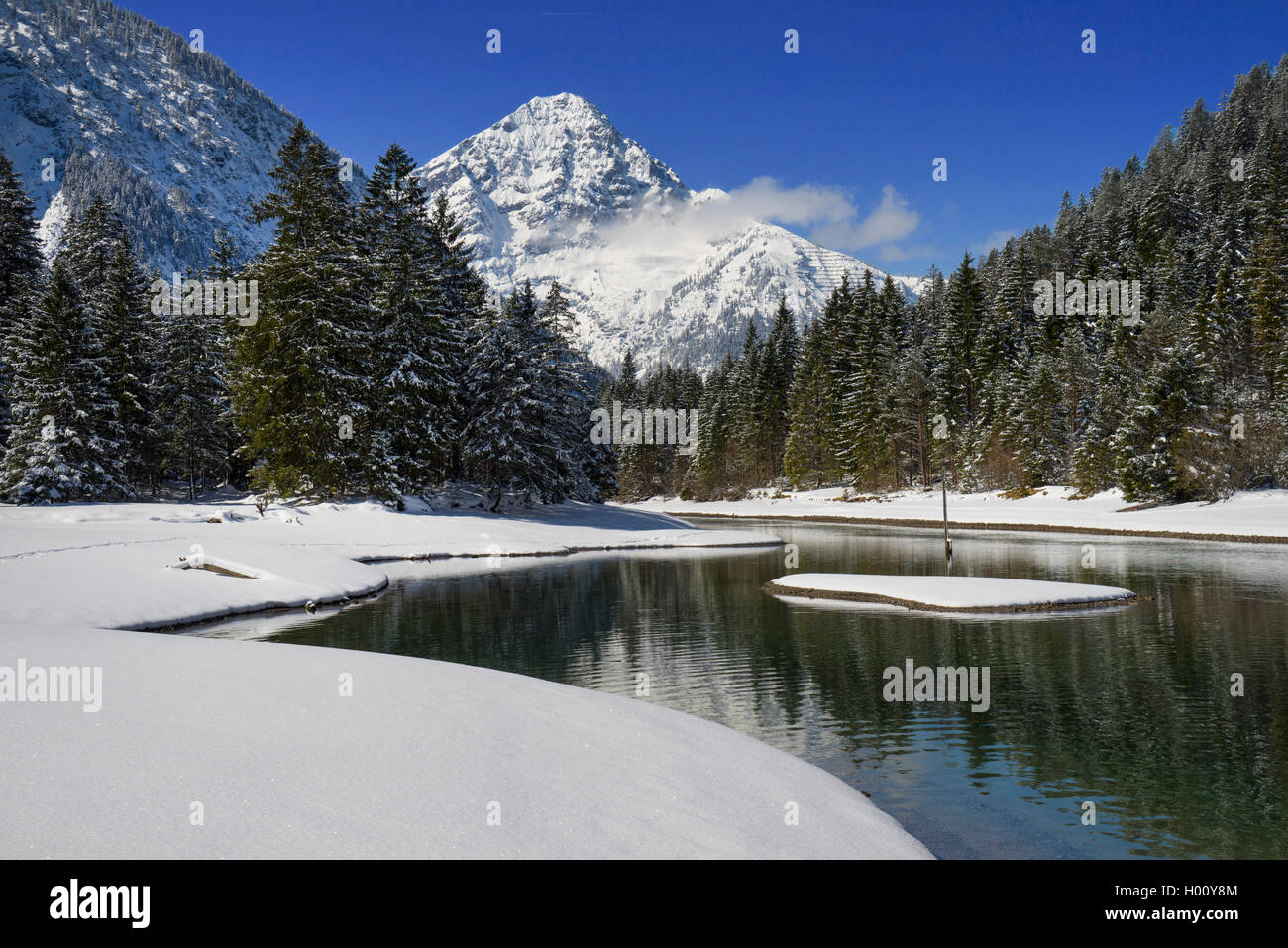winter scenery and mountain landscape at the Plansee with view onto the Taneller, Austria, Tyrol Stock Photo