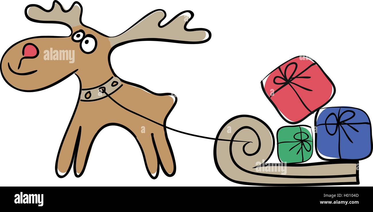 Christmas Reindeer harnessed to a sleigh with gifts Stock Vector