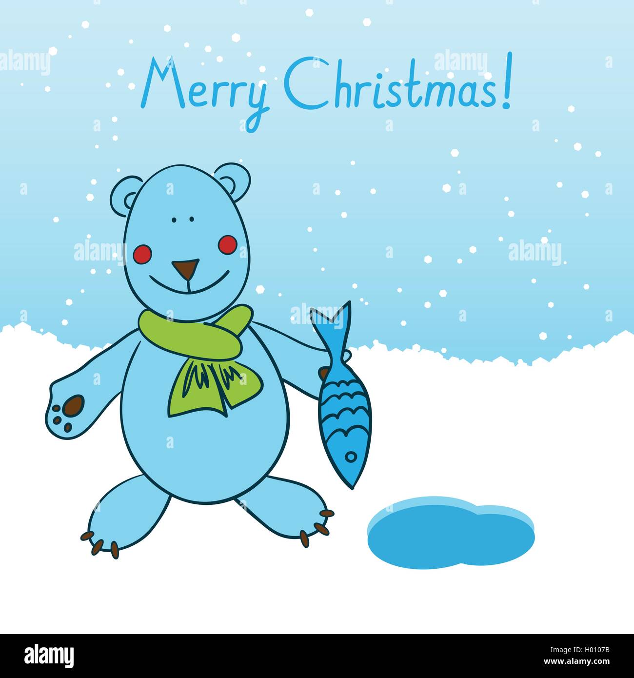 Polar bear standing next to the ice-hole, caught fish and congratulated all on Christmas Stock Vector