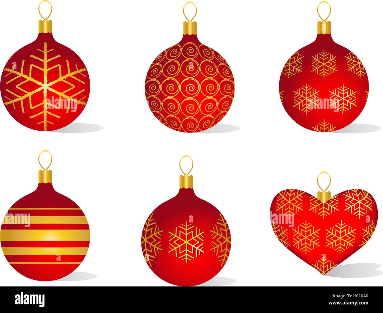 Five red Christmas balls and one heart with light shadows on the white Stock Vector