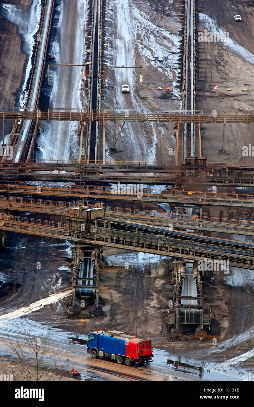 brown coal surface mining Inden with conveyor system, Germany, North Rhine-Westphalia, Inden Stock Photo