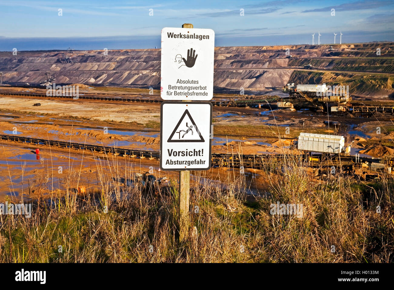warning sign in front of Garzweiler II brown coal surface mining, Germany, North Rhine-Westphalia, Garzweiler Stock Photo