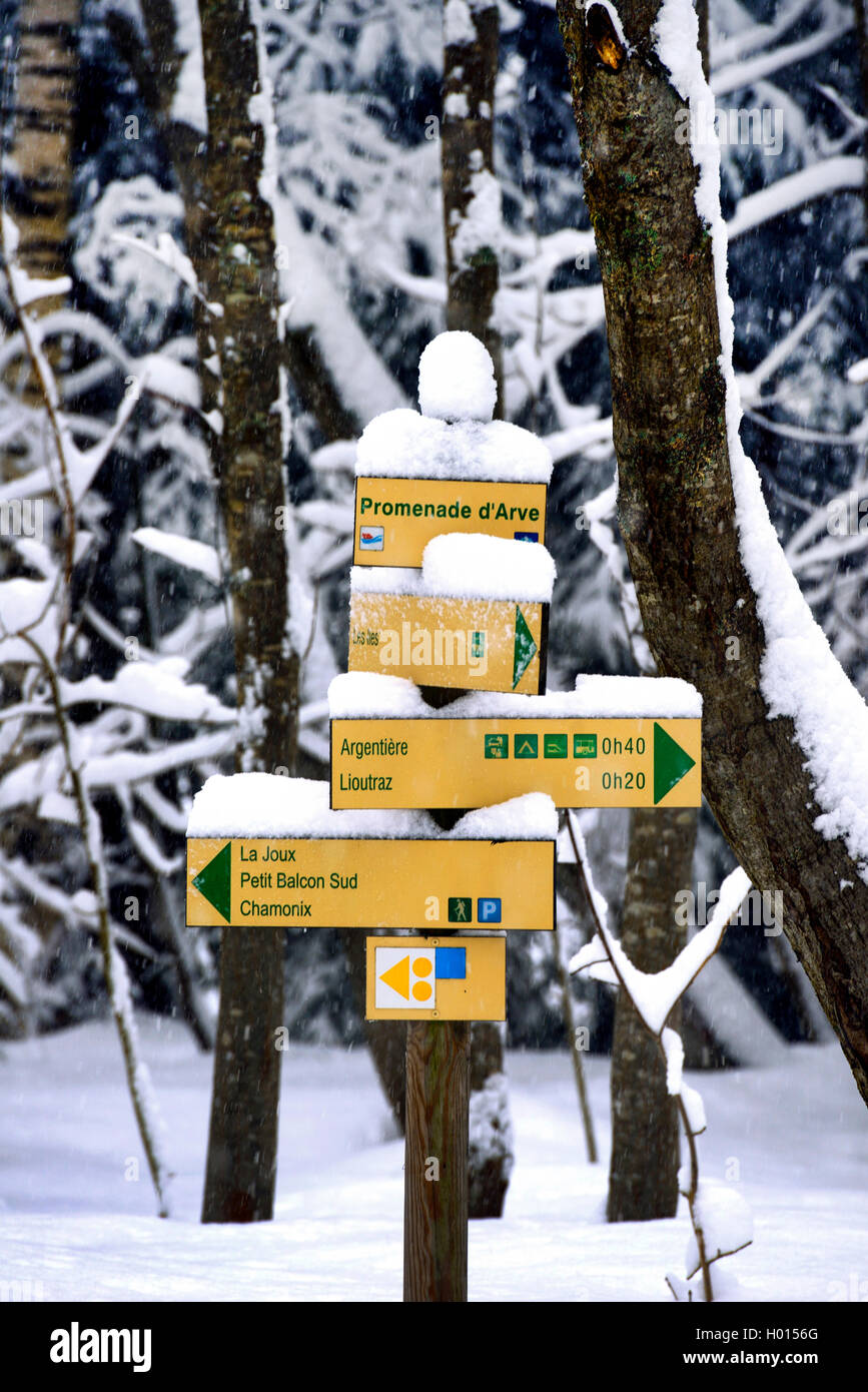 snow-covered signposts, France, Chamonix Stock Photo