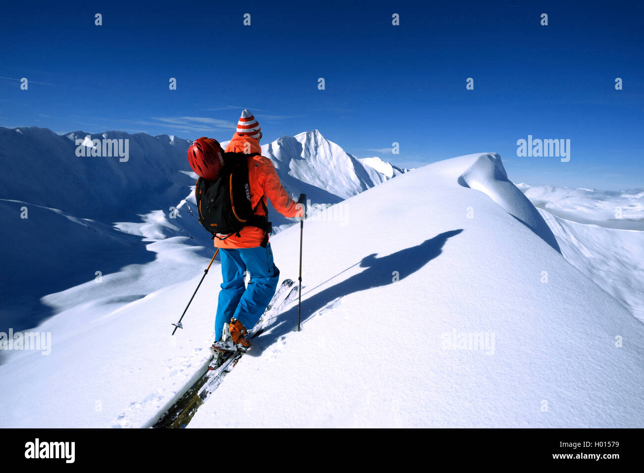 ski wanderer on the summit of Mont Jovet, France, Savoie, La Plagne Stock Photo