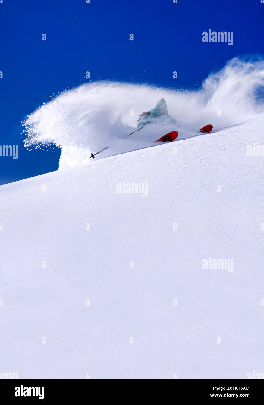 freeriding in deep powder snow, France, Savoie, Tignes Stock Photo
