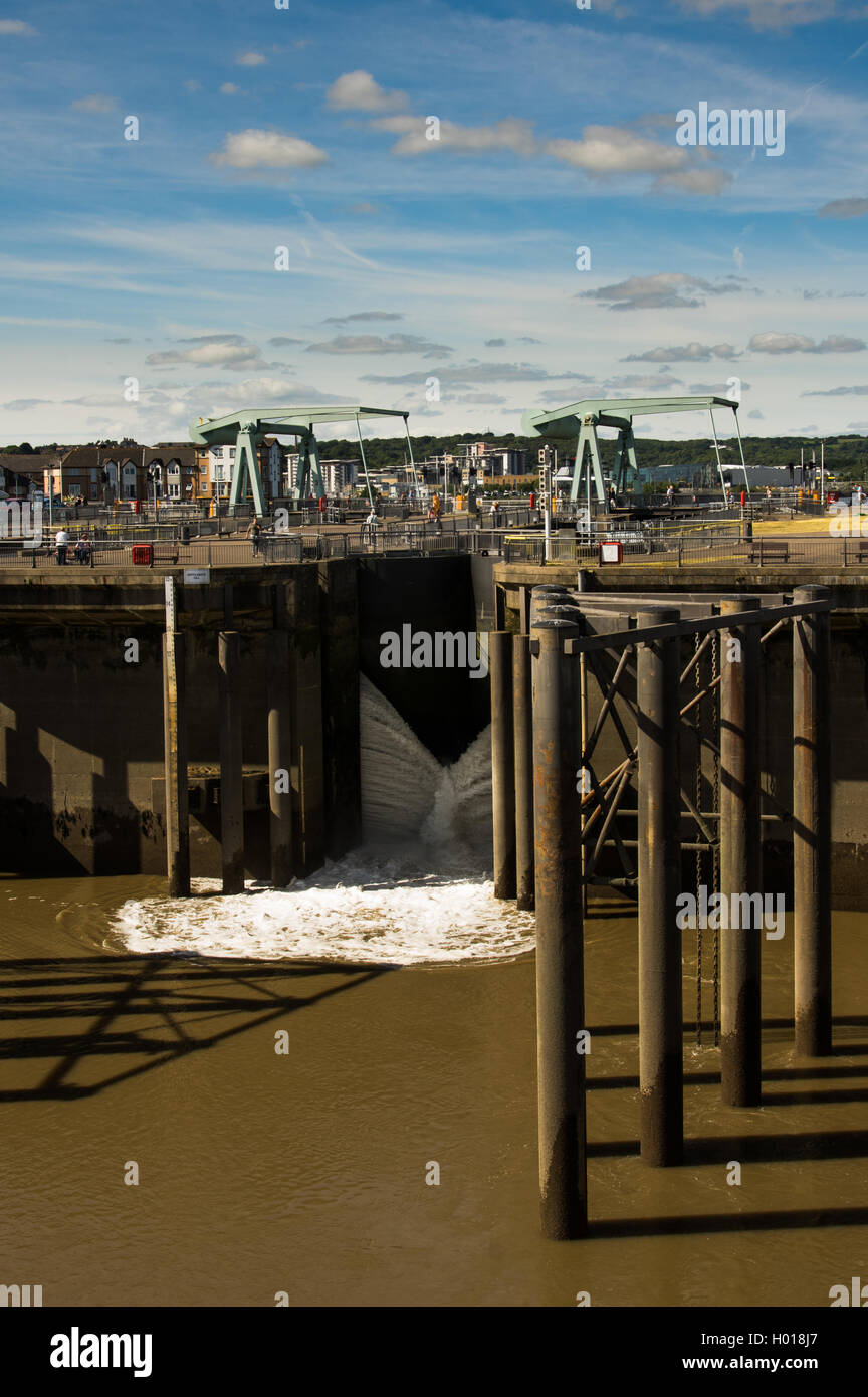 An image of the Cardiff Bay Barrage locks opening to let water out ready Stock Photo