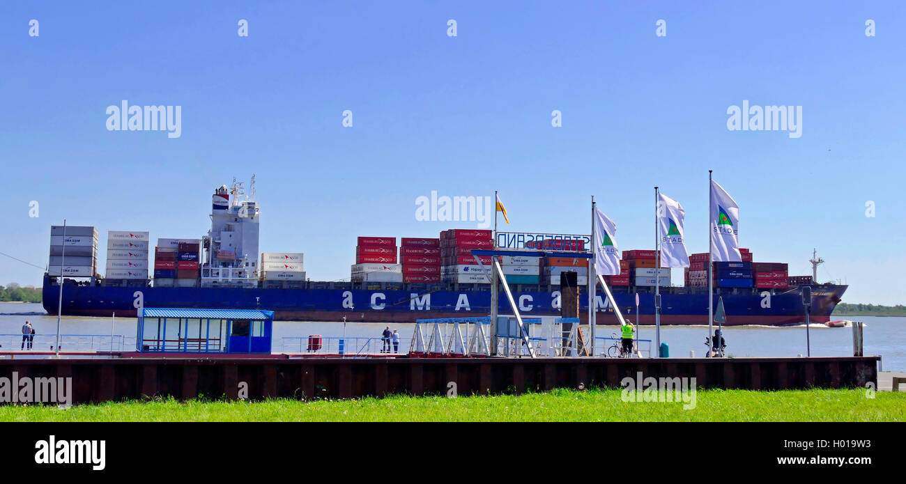 container ship CMA CGM Sambhar on Lower Elbe near Stadersand, Germany, Lower Saxony, Stade Stock Photo