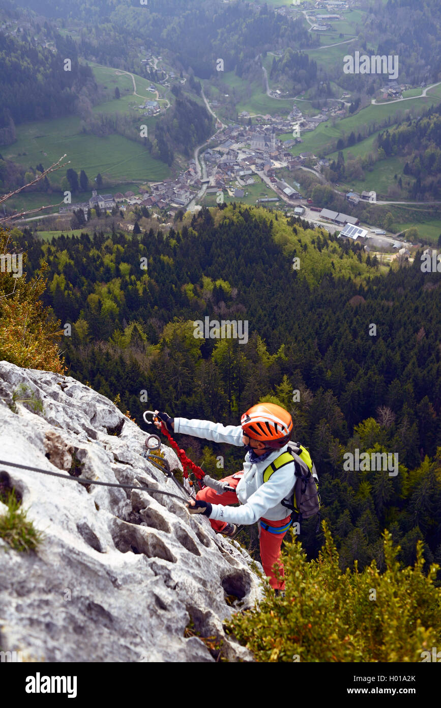 climber on rock face, Via ferrata de Roche Veyrand, Saint Pierre d'Entremont, France, Savoie, Chambery Stock Photo