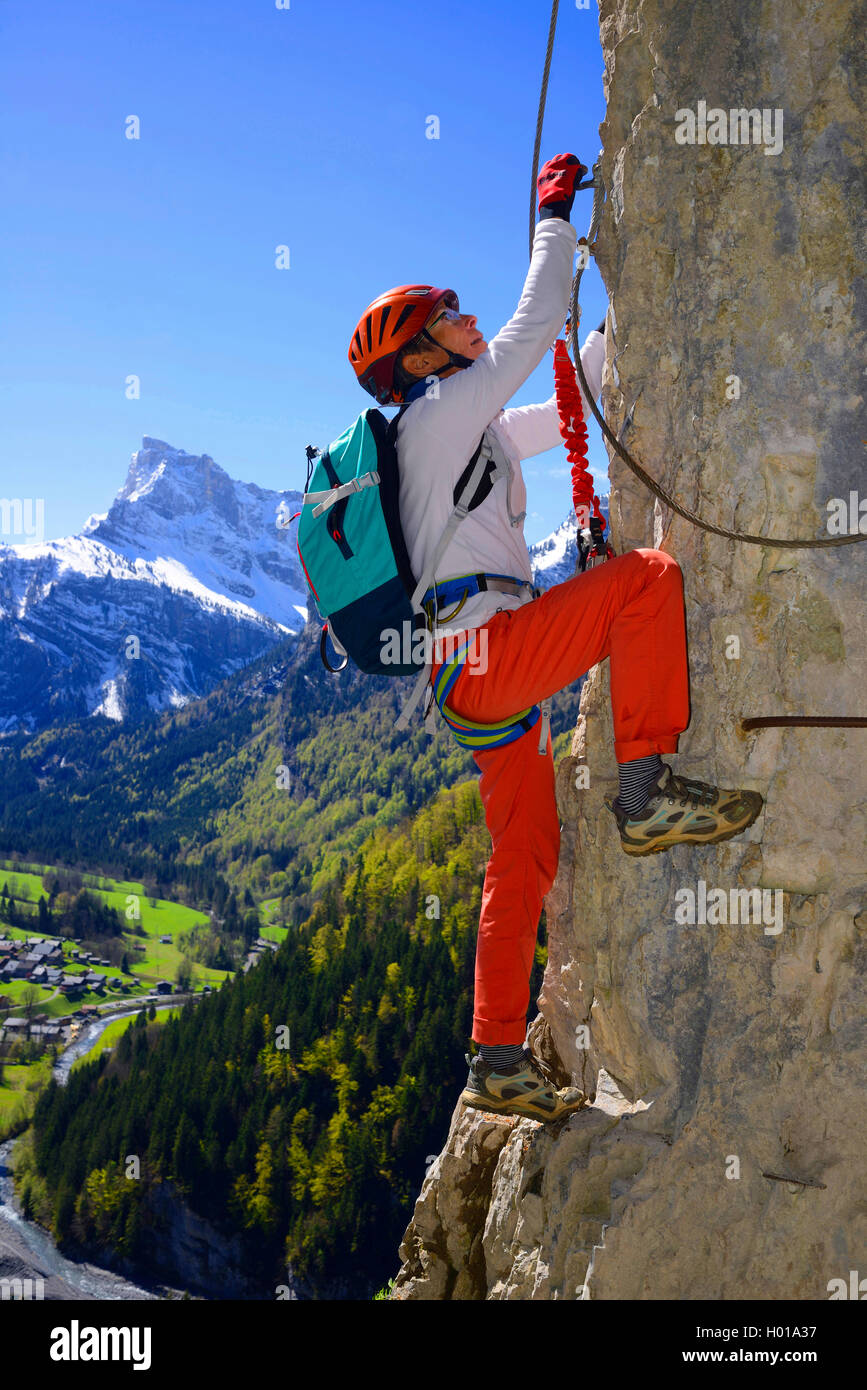 climber on rock face, Via Ferrata du Mont, France, Haute-Savoie, Sixt Fer Ó Cheval Stock Photo