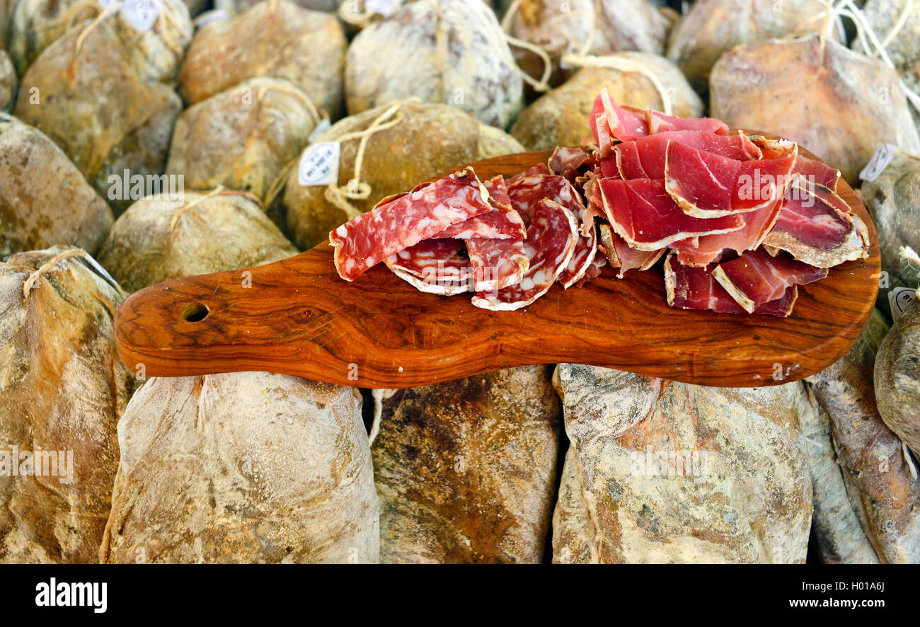 air-dried salami and prosciutto, France, Provence, Buis les Baronnies Stock Photo