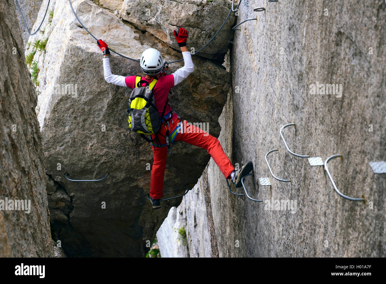 climber on a rock, Via ferrata Rocher du Saint-Julien, France, Provence, Buis-les-Baronnies Stock Photo