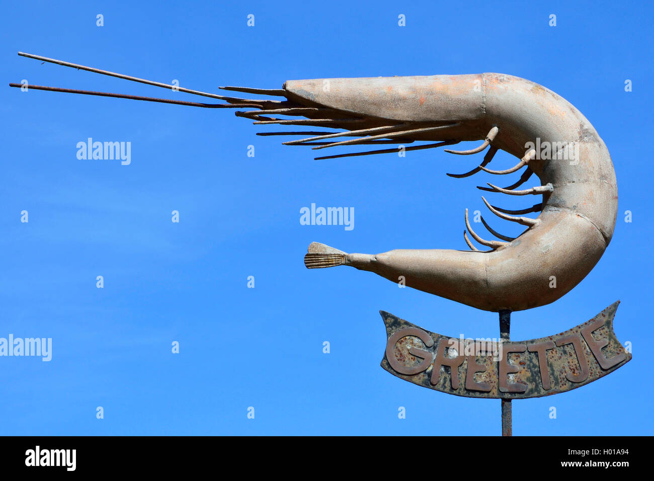 Common shrimp, Common European shrimp, brown shrimp (Crangon crangon), sculpture for the European shrimps, landmark `Greetje┤ of Greetsiel, Germany, Lower Saxony, East Frisia, Greetsiel Stock Photo
