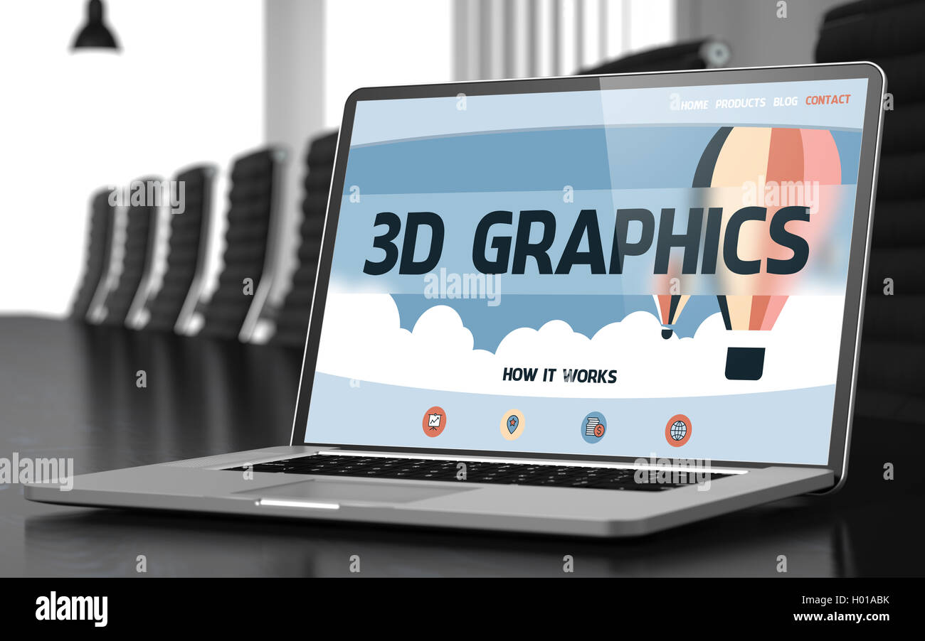 3D Graphics - on Laptop Screen. Closeup. 3D. Stock Photo