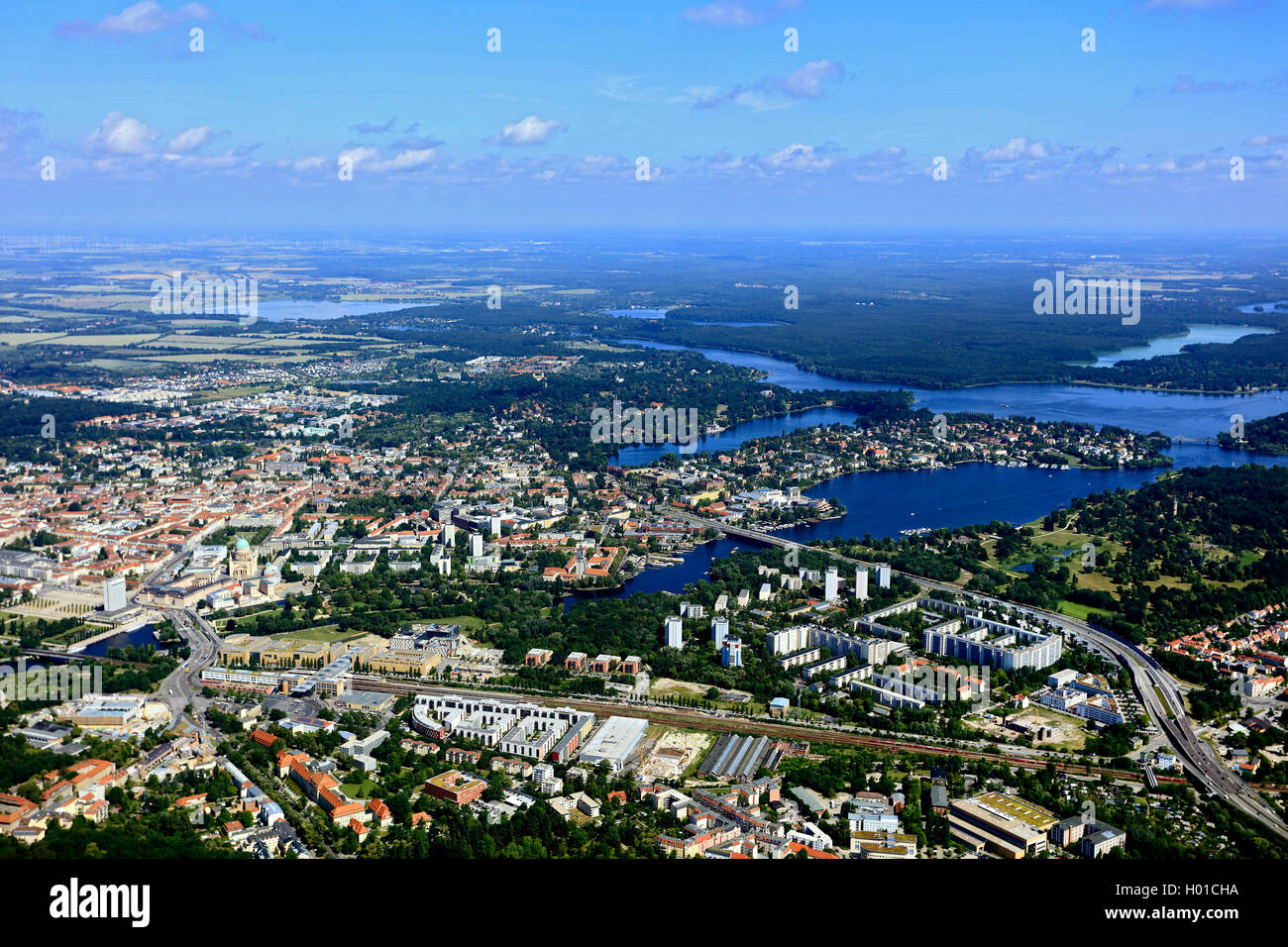 view on Potsdam with the lakes Tiefer See, Heiliger See and Jungfernsee, 20.06.2016, aerial view, Germany, Brandenburg, Potsdam Stock Photo