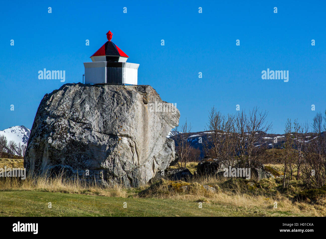 lighthouse between Leknes and Hellosan, Norway, Lofoten Islands Stock Photo
