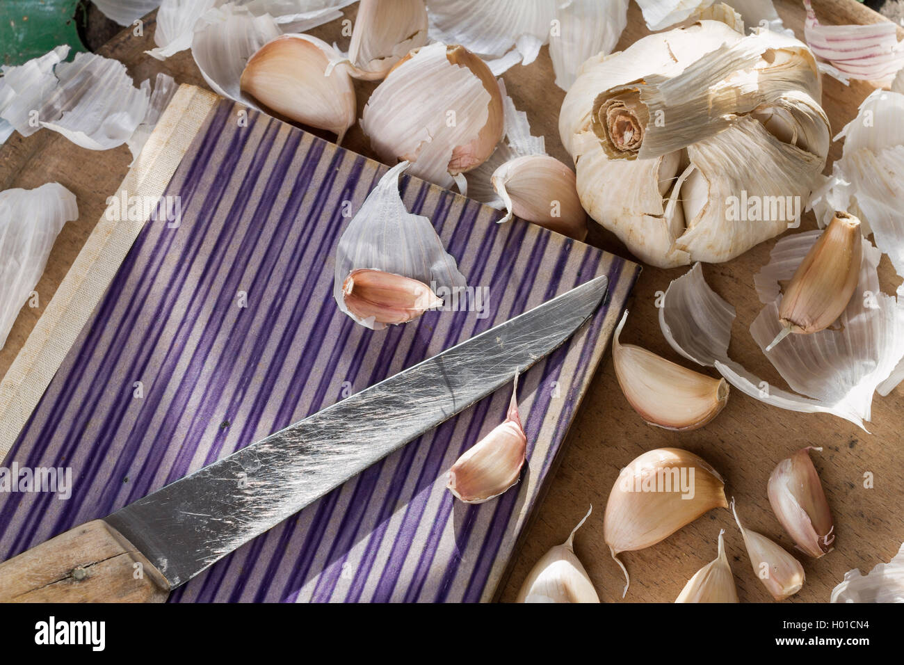 Organic garlic arranged with an old vintage cooking book and knife as a natural still life for healthy and vegetarian food Stock Photo