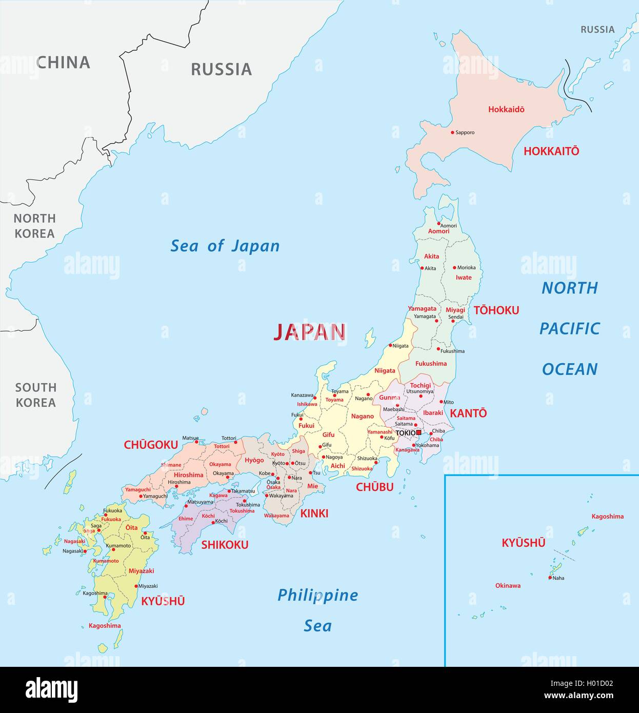 japan administrative map Stock Vector
